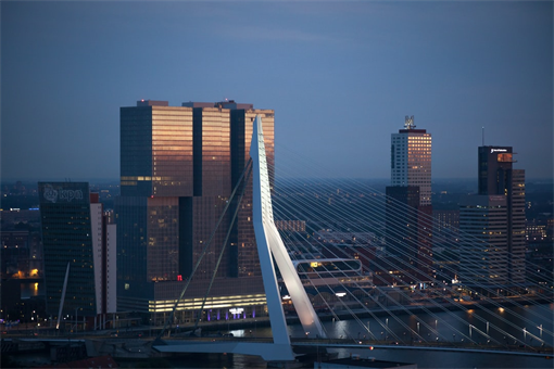 Taking during blue hour, the Erasmus bridge in Rotterdam, with in the background the De Rotterdam building on the Wilhelminapier.